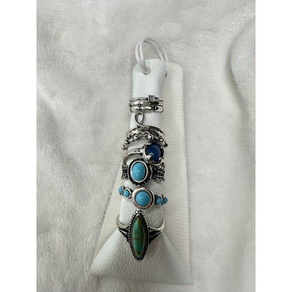 Free People Jewelry - NEW Free People Boho Silver Tone Turquoise Stacking Rings Set Adjustable Jewelry